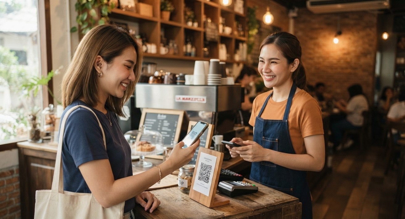 ลูกค้าสแกน QR สะสมแต้มที่เคาน์เตอร์ร้านกาแฟ